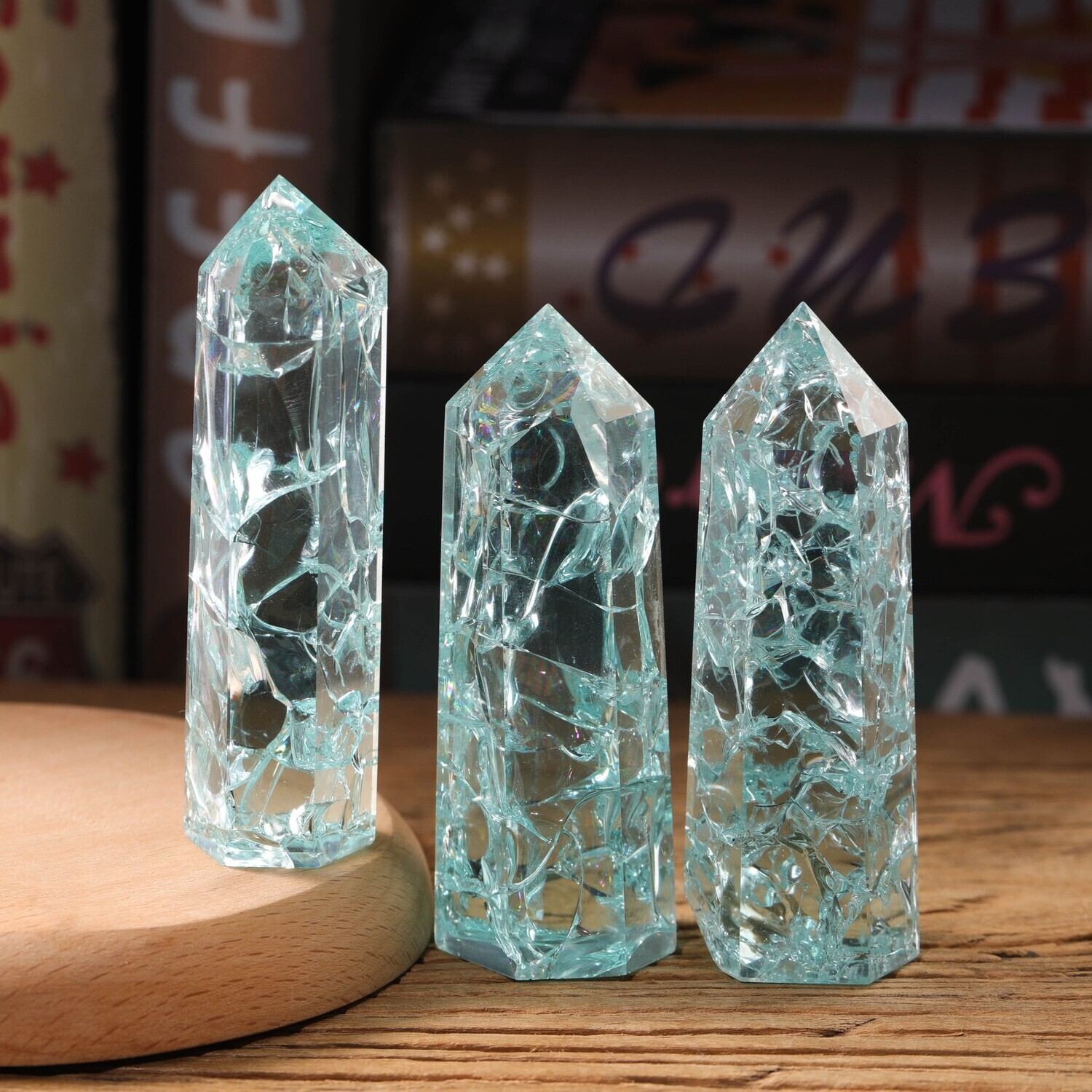 3 ~ 4 inch Blue Glass Crystal Wand Single Point Obelisk Tower Home Decoration