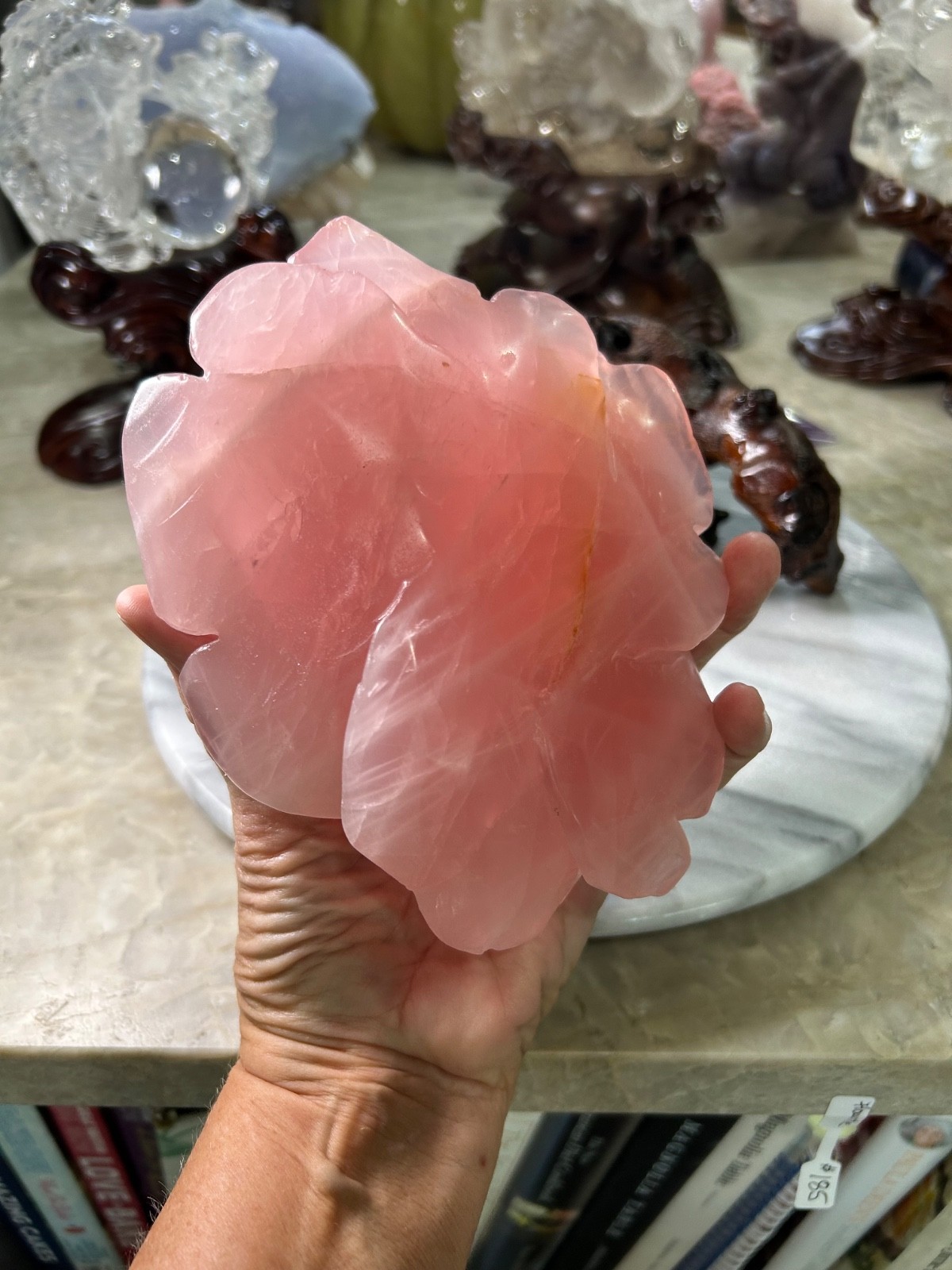 Rose Quartz Flower Rose carving on custom branch stand large