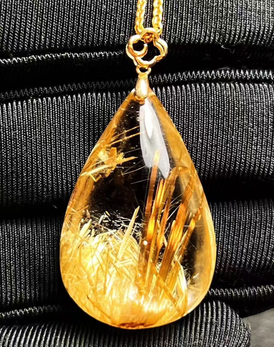 35*22*13mm Natural Gold Rutilated Quartz Titanium Crystal 18k gold Inlay Pendant