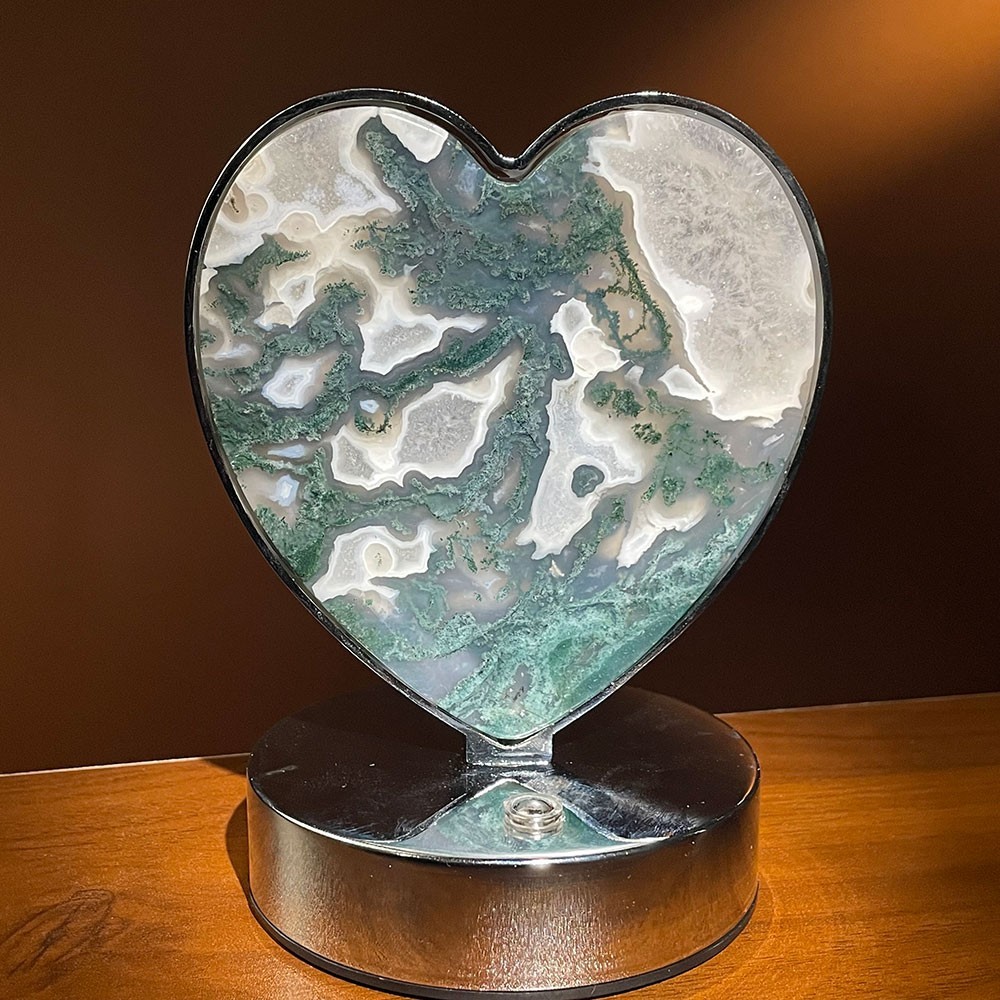 Natural Moss Agate Heart Lamp Crystal Night Light W/ LED Base 110mm 500g Welcome