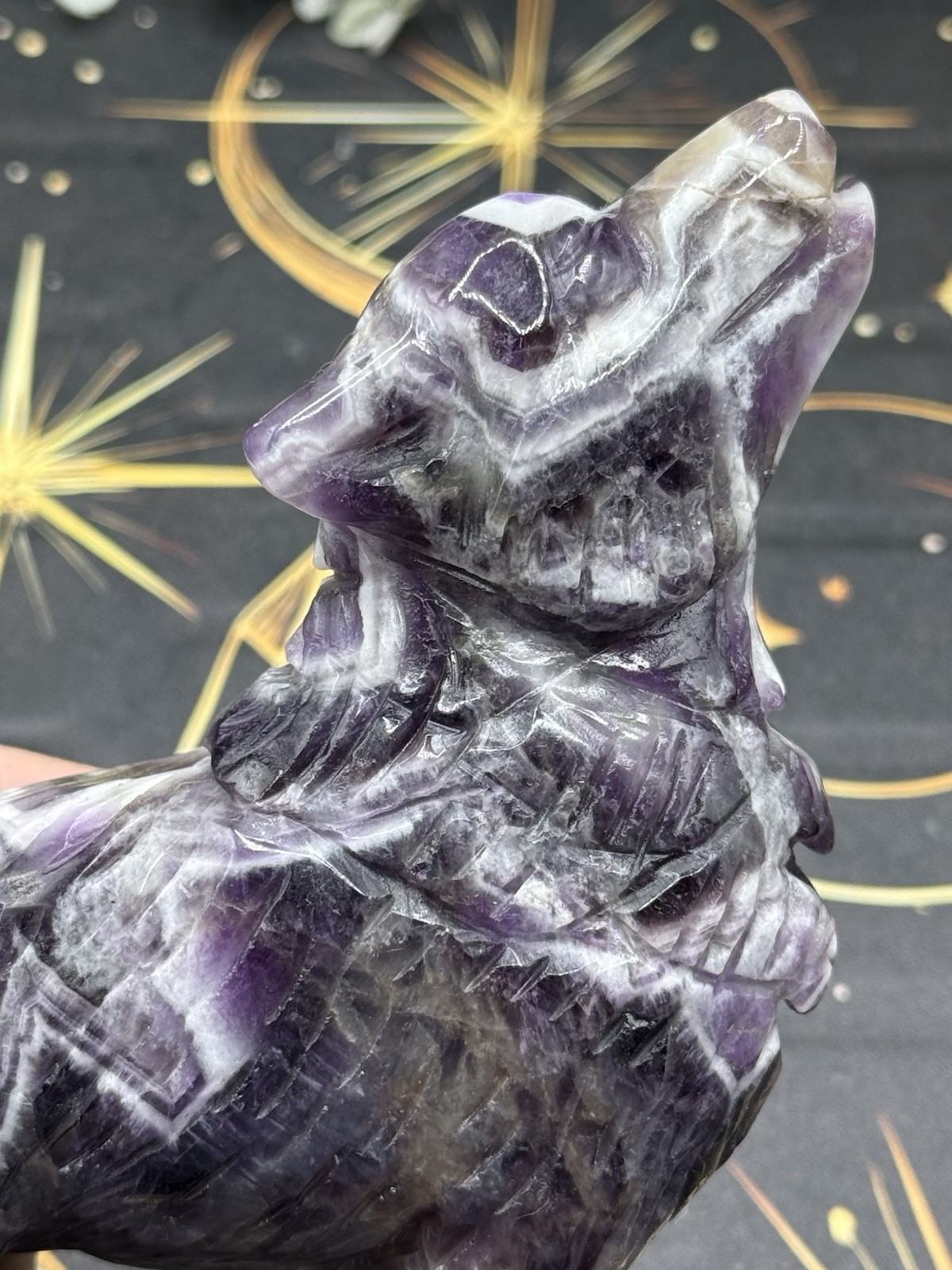 Natural Chevron Amethyst “Dream Amethyst” Carved Wolf 2.7lbs! Free shipping!