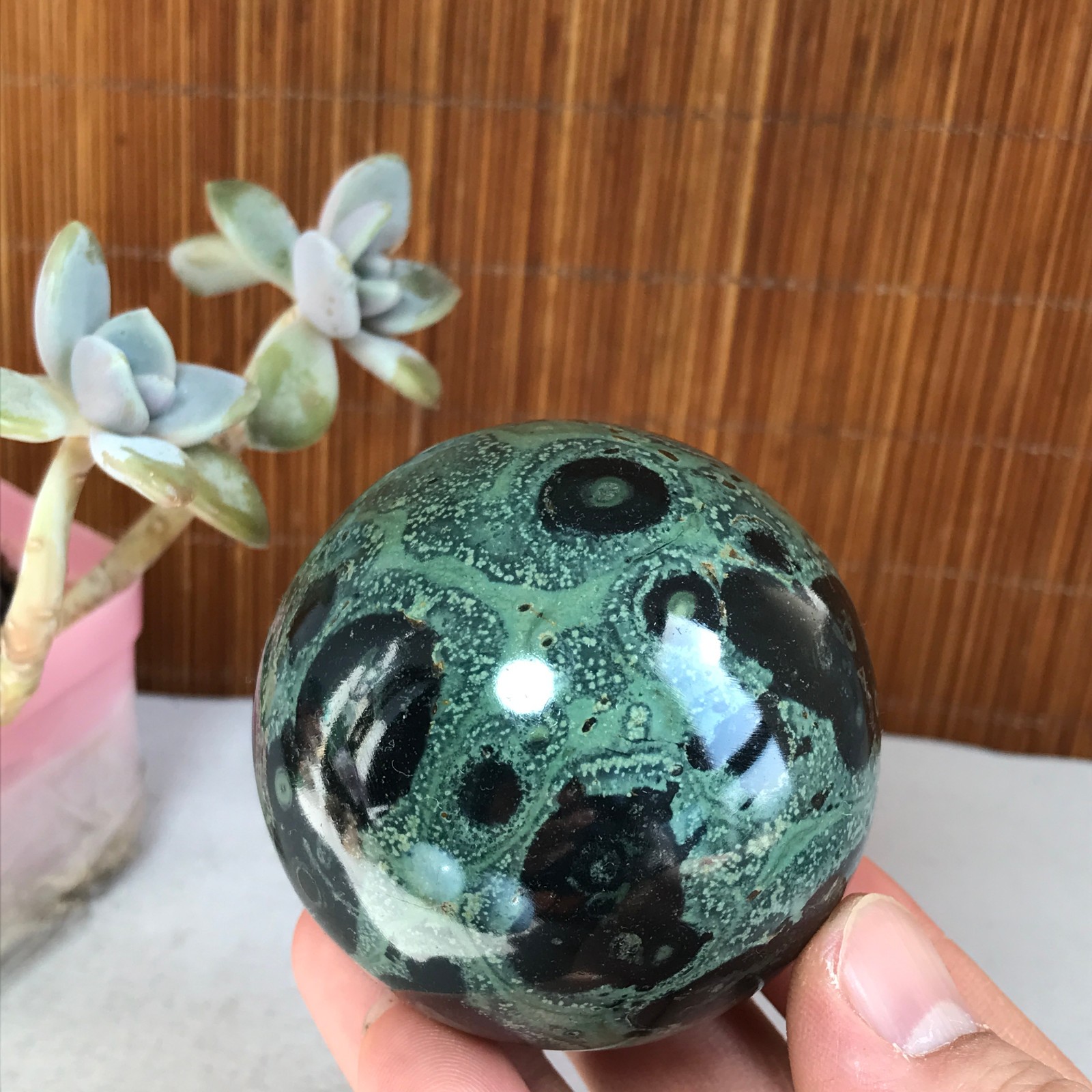 59mm NATURAL Green Kambaba jasper sphere ball quartz Crystal Healing 314g A3769
