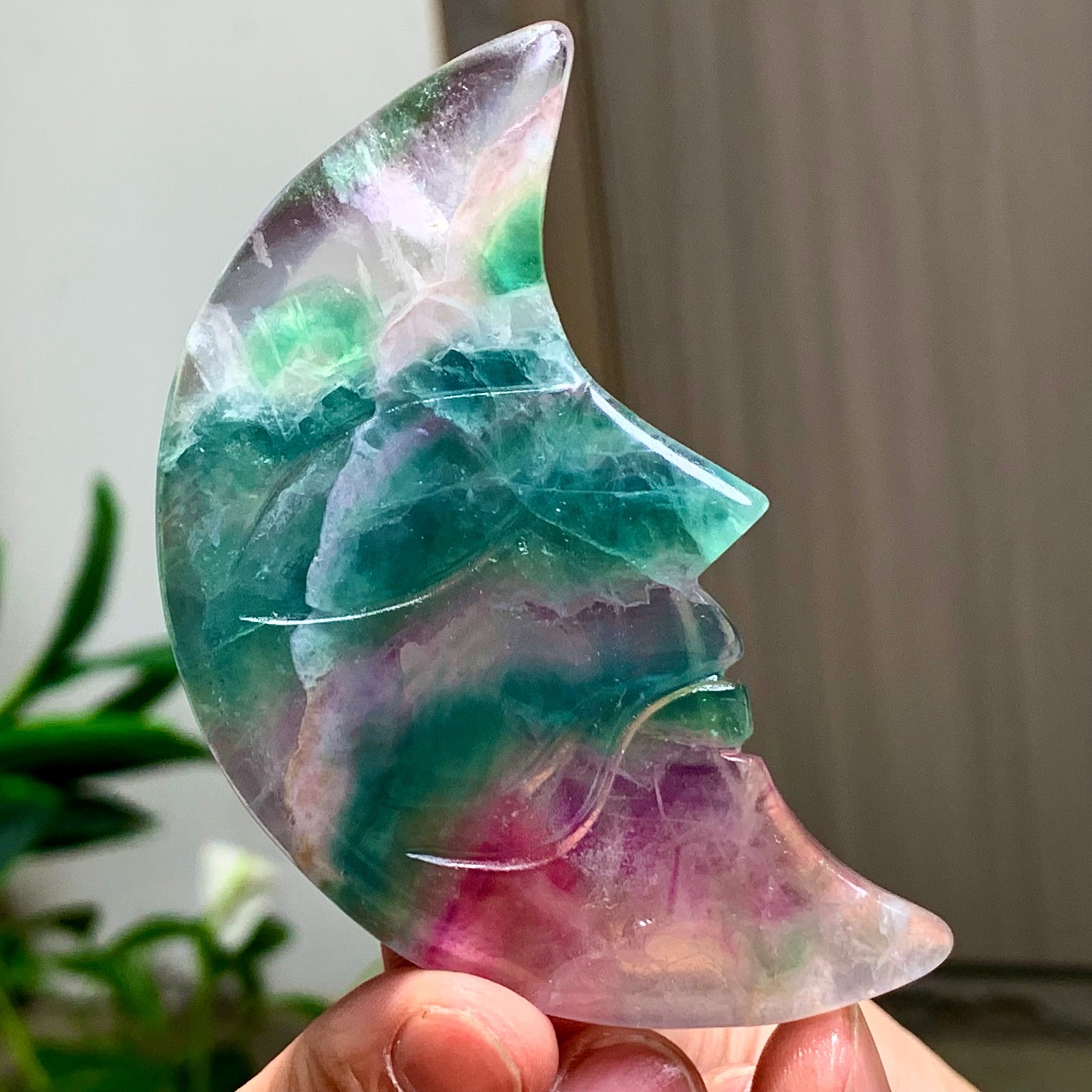 65G Rare colored fluorite crystal, hand carved moon mineral, polished