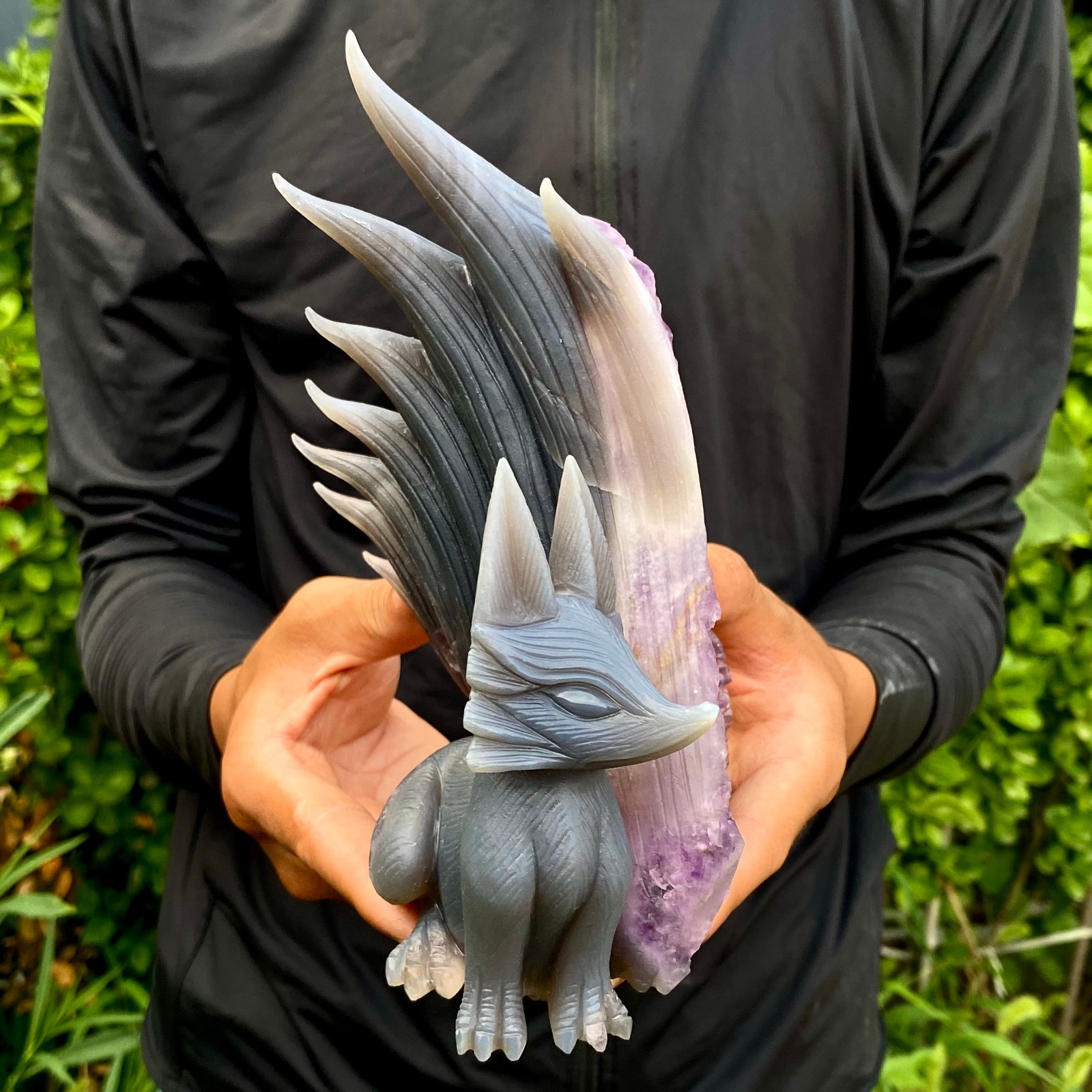 2.62LB Natural Agate Geode Hand Carved Nine-tailed Fox Quartz Crystal Decor