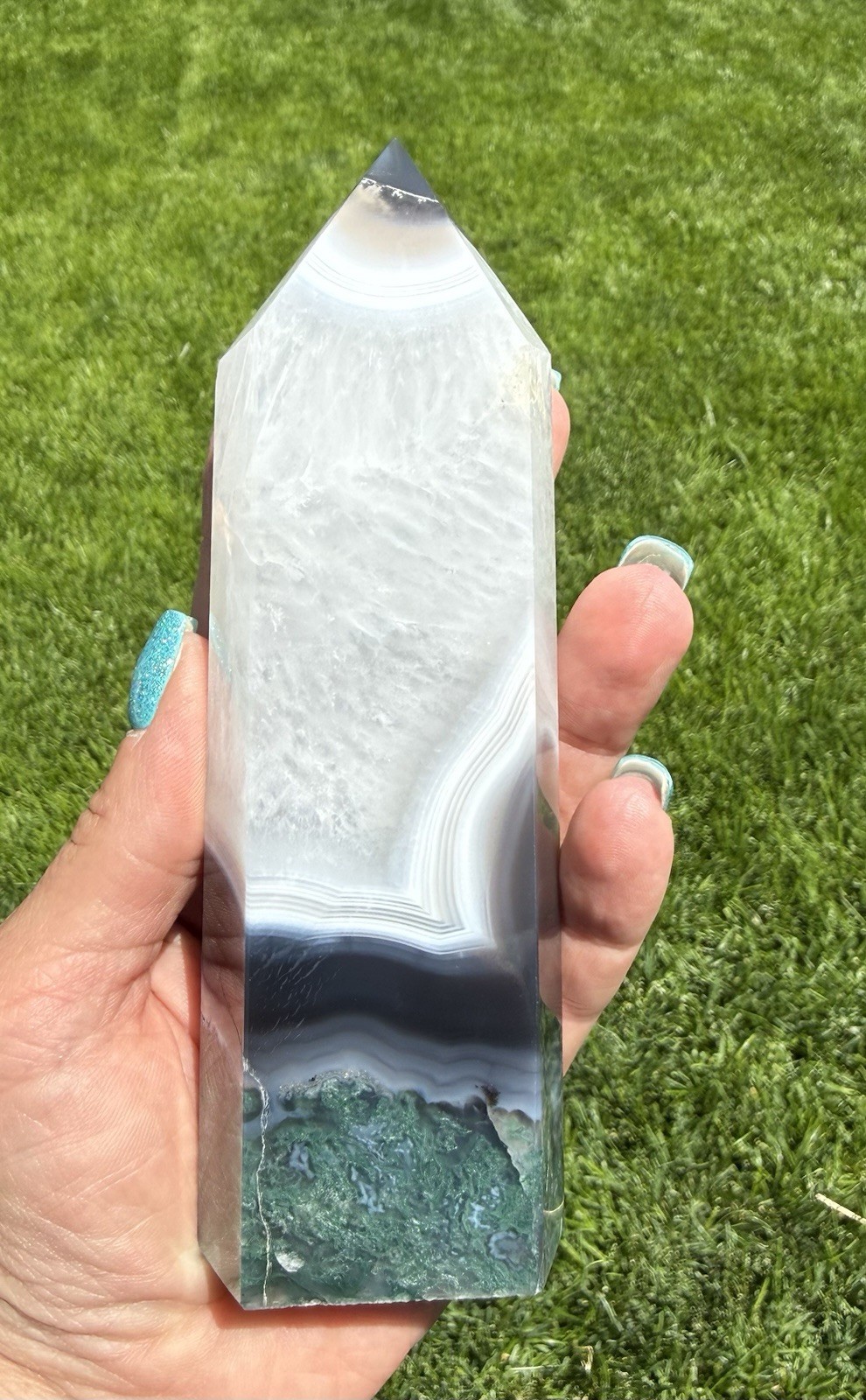 Large Natural Moss Agate in Quartz Crystal Tower White Plume Green Moss 6”