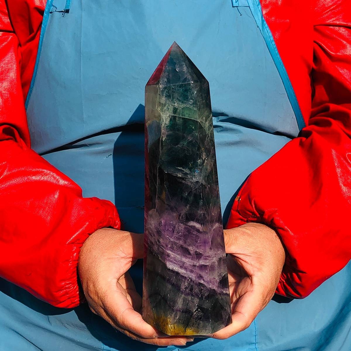 2pc 7.59LB Natural color fluorite obelisk quartz crystal energy column healing