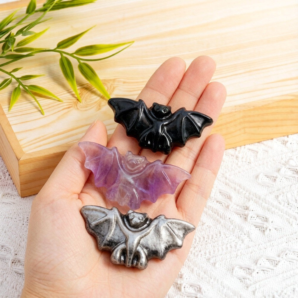 Natural Bat Crystal Carving Figurine Reiki Healing Stone Desk Decor Gift 3pcs