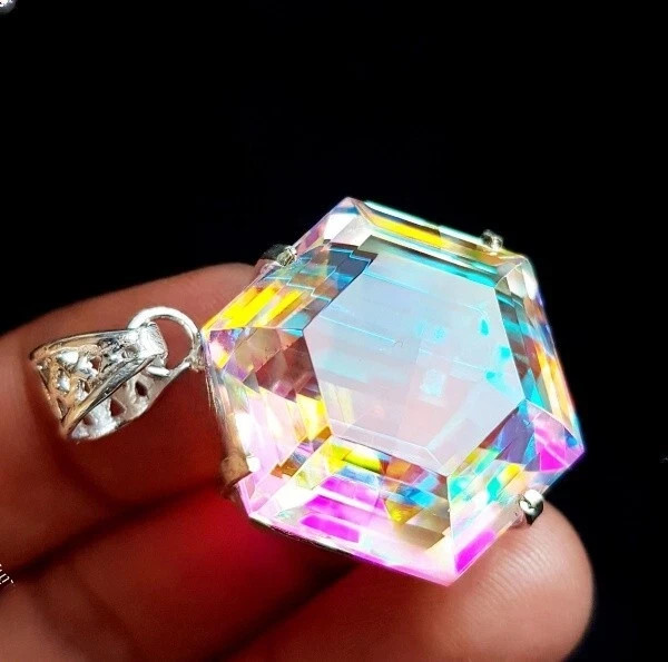 55 Ct+ Lab-Created Mystic Topaz Hexagon Cut 925 Solid Silver Pendant Gemstone