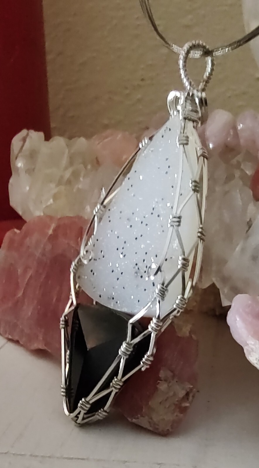 Natural Drusy Druzy Agate, Black Tourmaline Sterling Silver Wire Wrapped Pendant