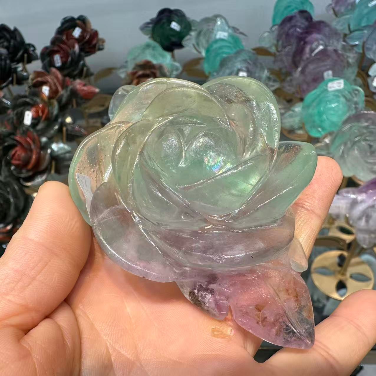 1pc Natural Fluorite Quartz Carved Flower Skull Crystal Reiki Healing Decor