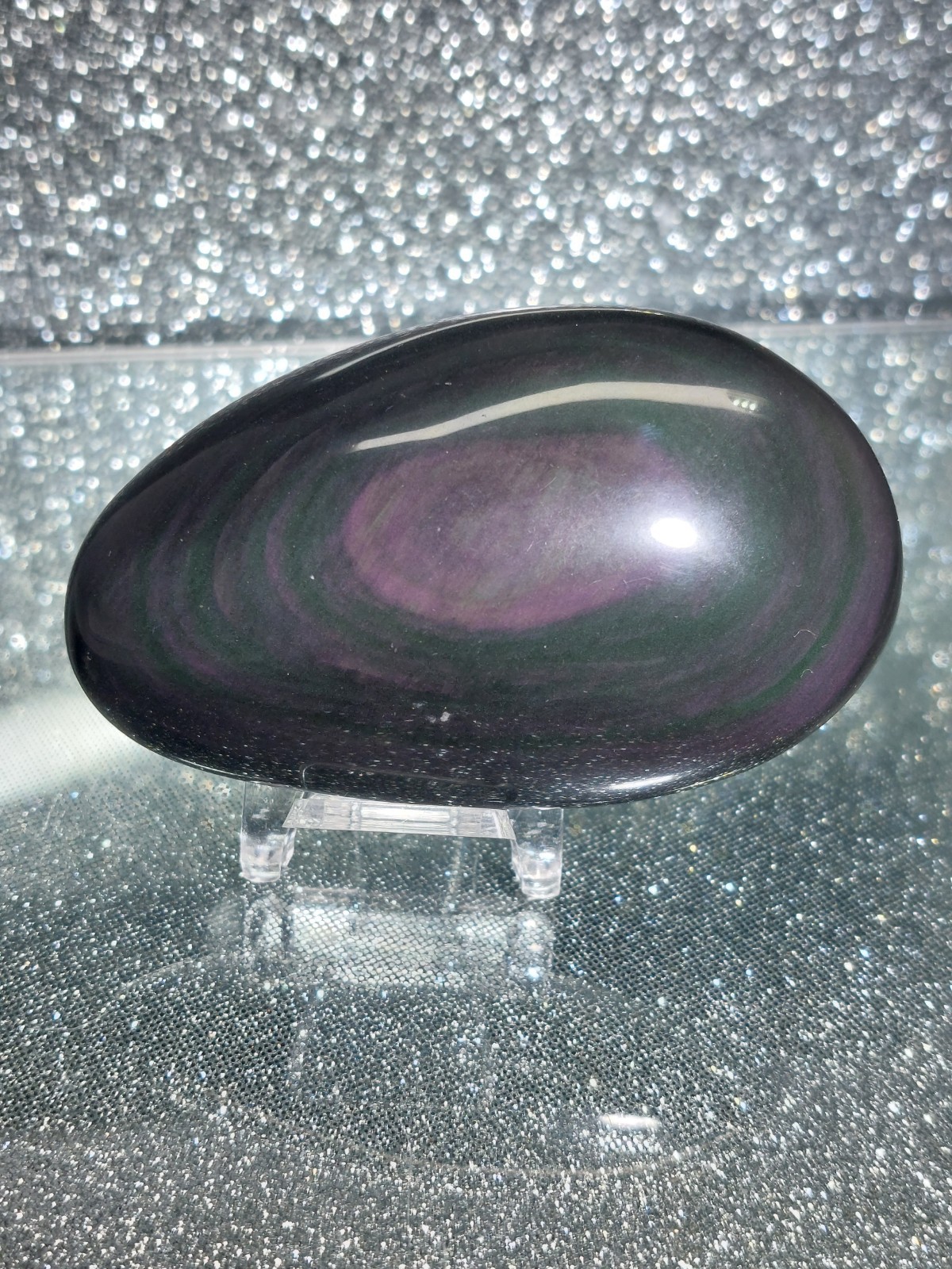 Rainbow Obsidian Palm Stone Crystal Healing 88.5g 7.7cm With Stand