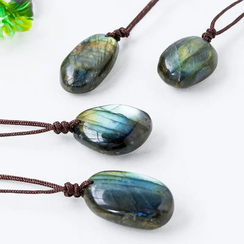Natural Labradorite Crystal Pendant Necklace Polished Gemstone Rope Chain Gift