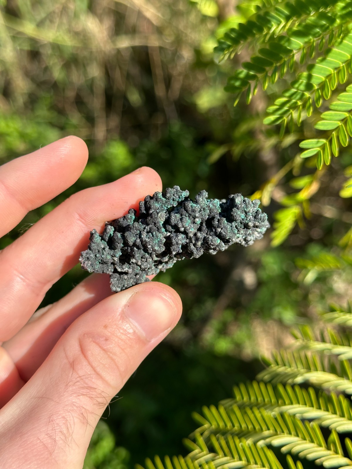 Malachite, Tenorite and Calcite over Native Copper, Mt Elliot, Qld, Australia.