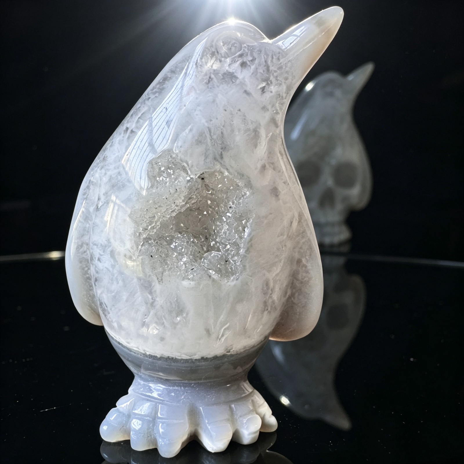 Agate Geode Penguin, Hand Carved Natural Crystal Gothic Collectible Decor Gift