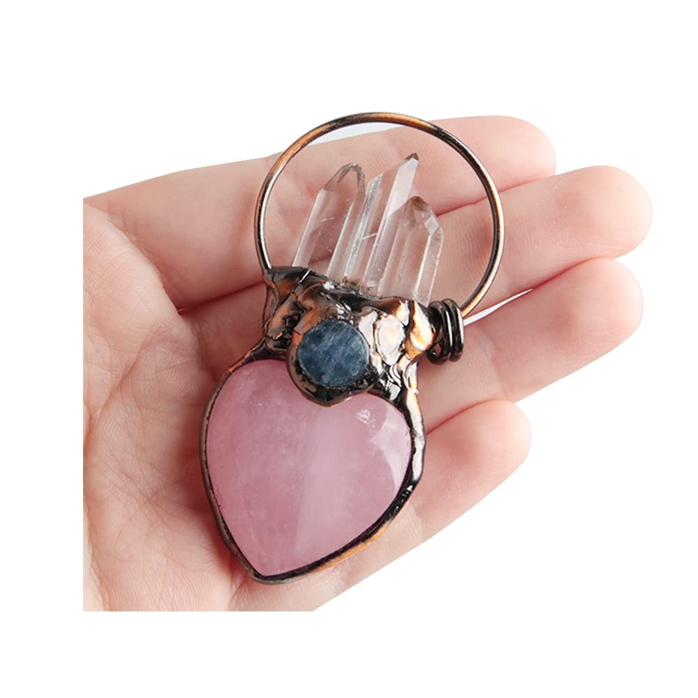 Acxico 1Pcs Natural Rose Quartz Crystal Heart Carved Pendant Clear Quartz Point