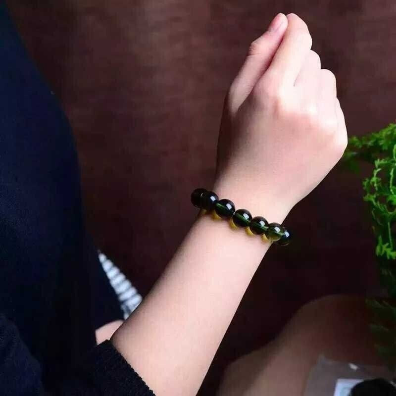 Natural Moldavite Green Aerolites Czech Crystal Stone Grinding Bead Bracelet