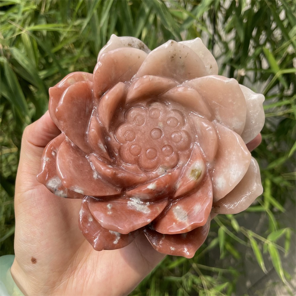2.3LB 4.2″ Natural Red Green Saseme Jasper Quartz Hand-Carved Flower Crystal