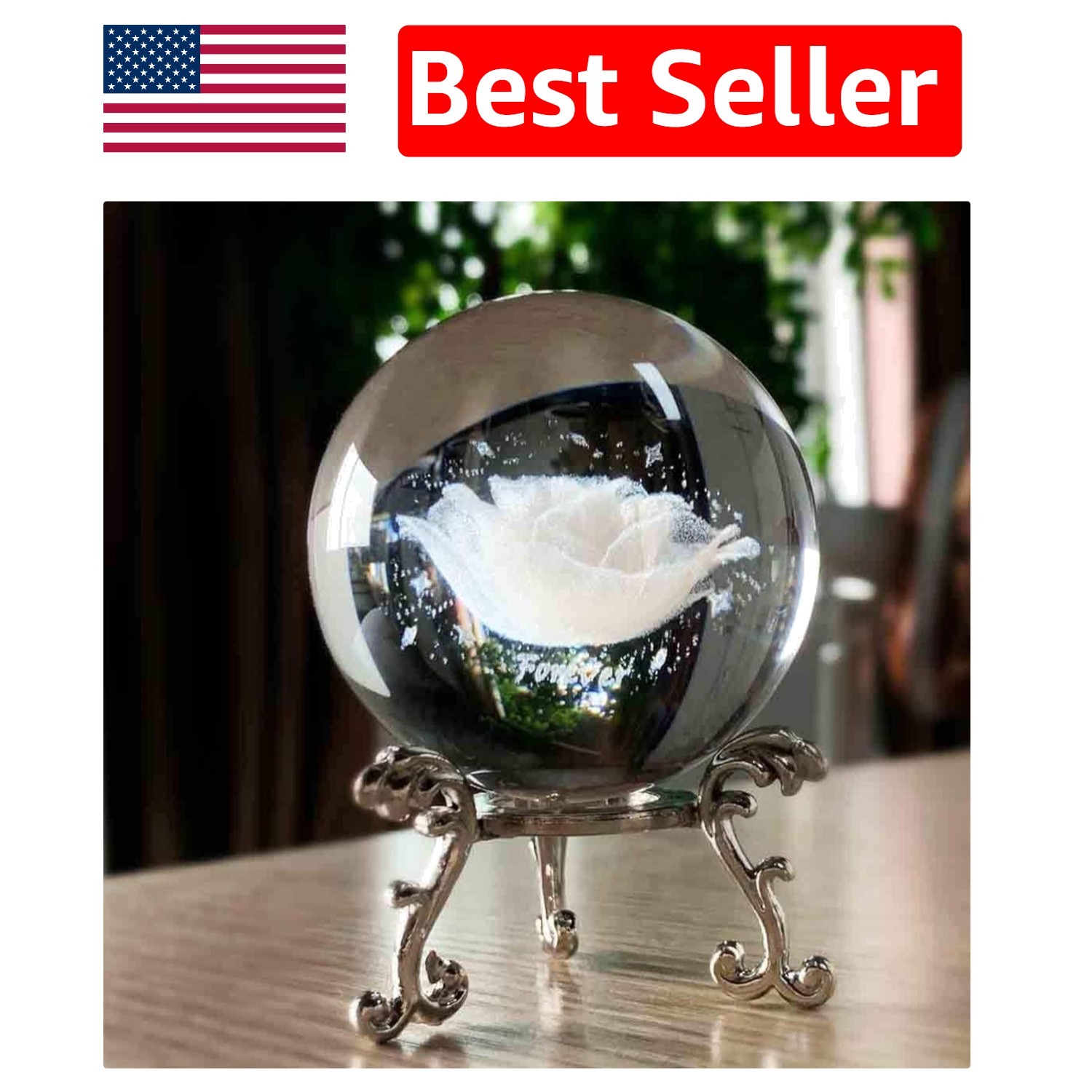 Stunning 60mm K9 Crystal Rose Sphere with Silver Stand – Home Decor Gift