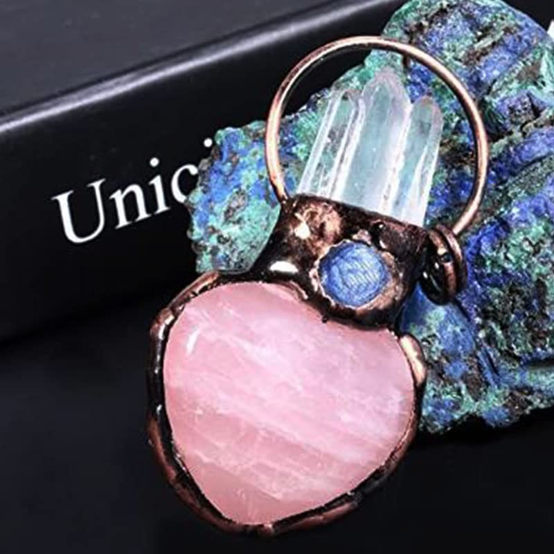 Acxico 1Pcs Natural Rose Quartz Crystal Heart Carved Pendant Clear Quartz Point