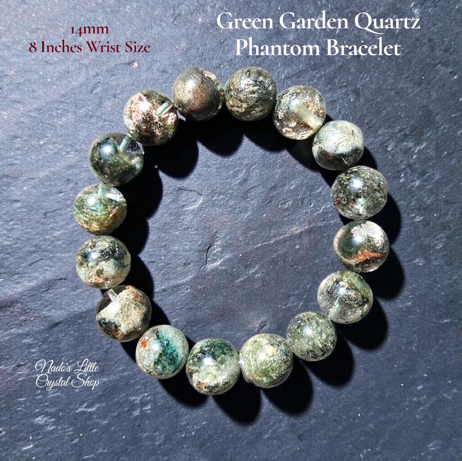 Green Garden Quartz Phantom Bracelet 14mm Round Beads Healing Reiki Chakra
