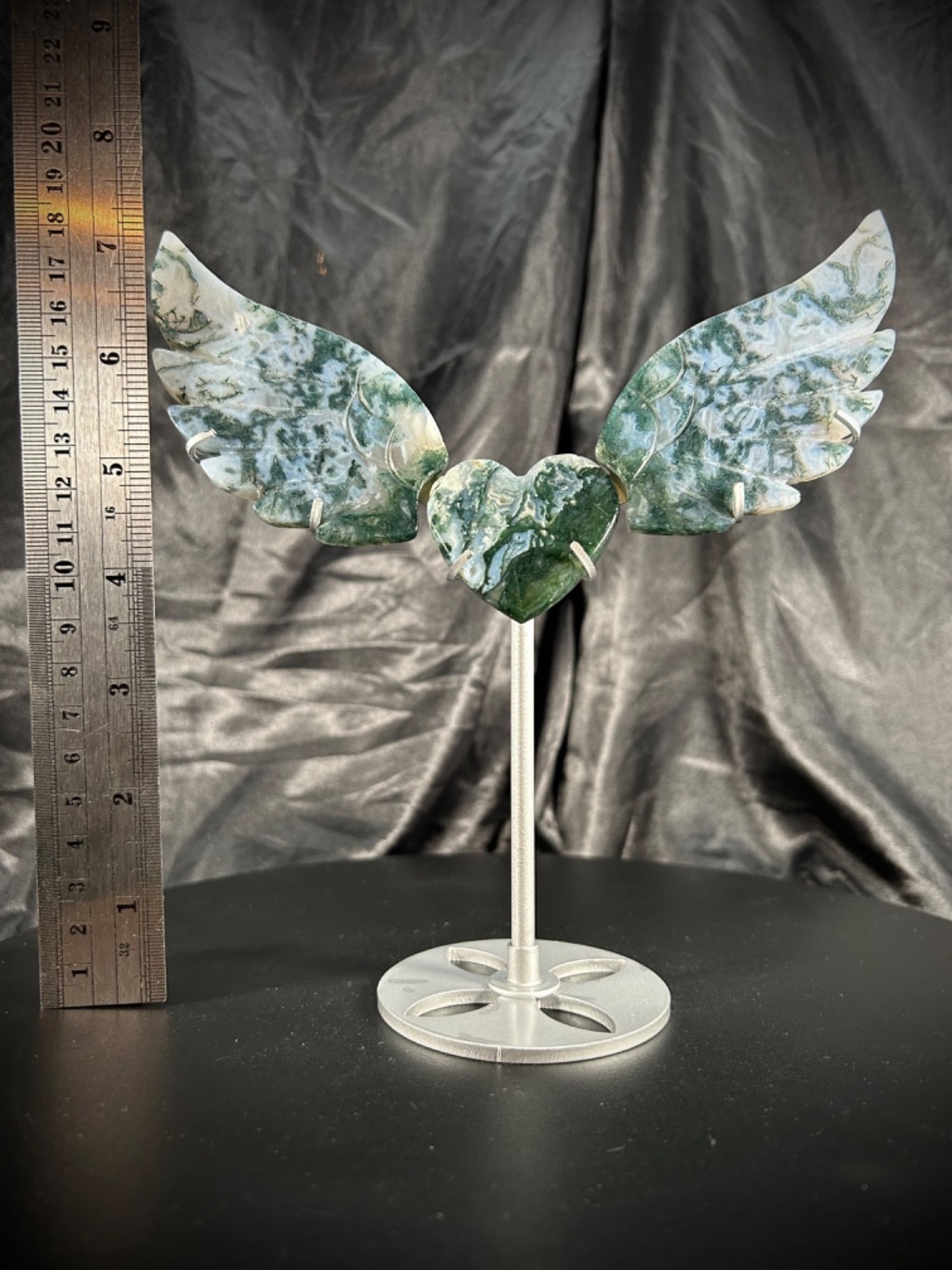 7″ Wingspan Moss Agate Heart/Wings Set With Metal Stand 4.5oz Crystal Weight