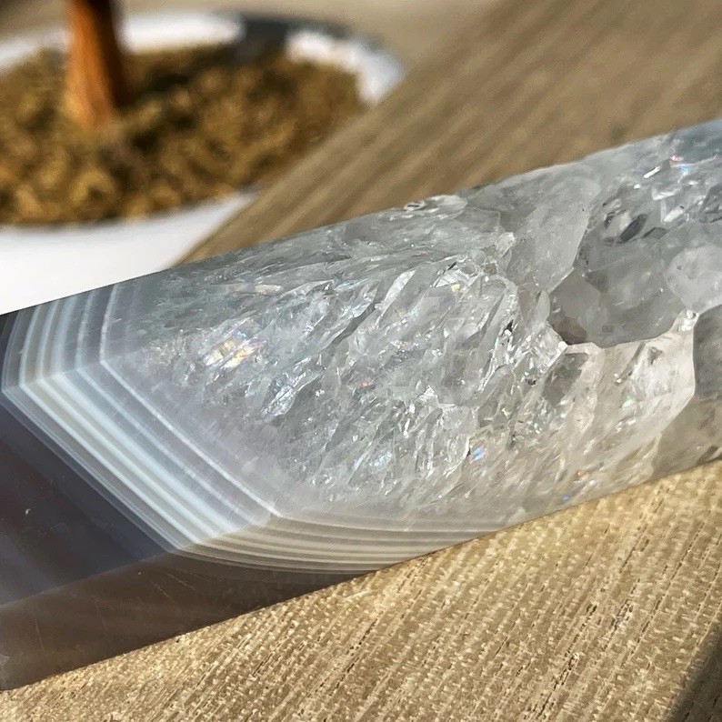 Botswana Agate Tower • Blue Grey Agate & Rainbow Quartz • Unique Crystals