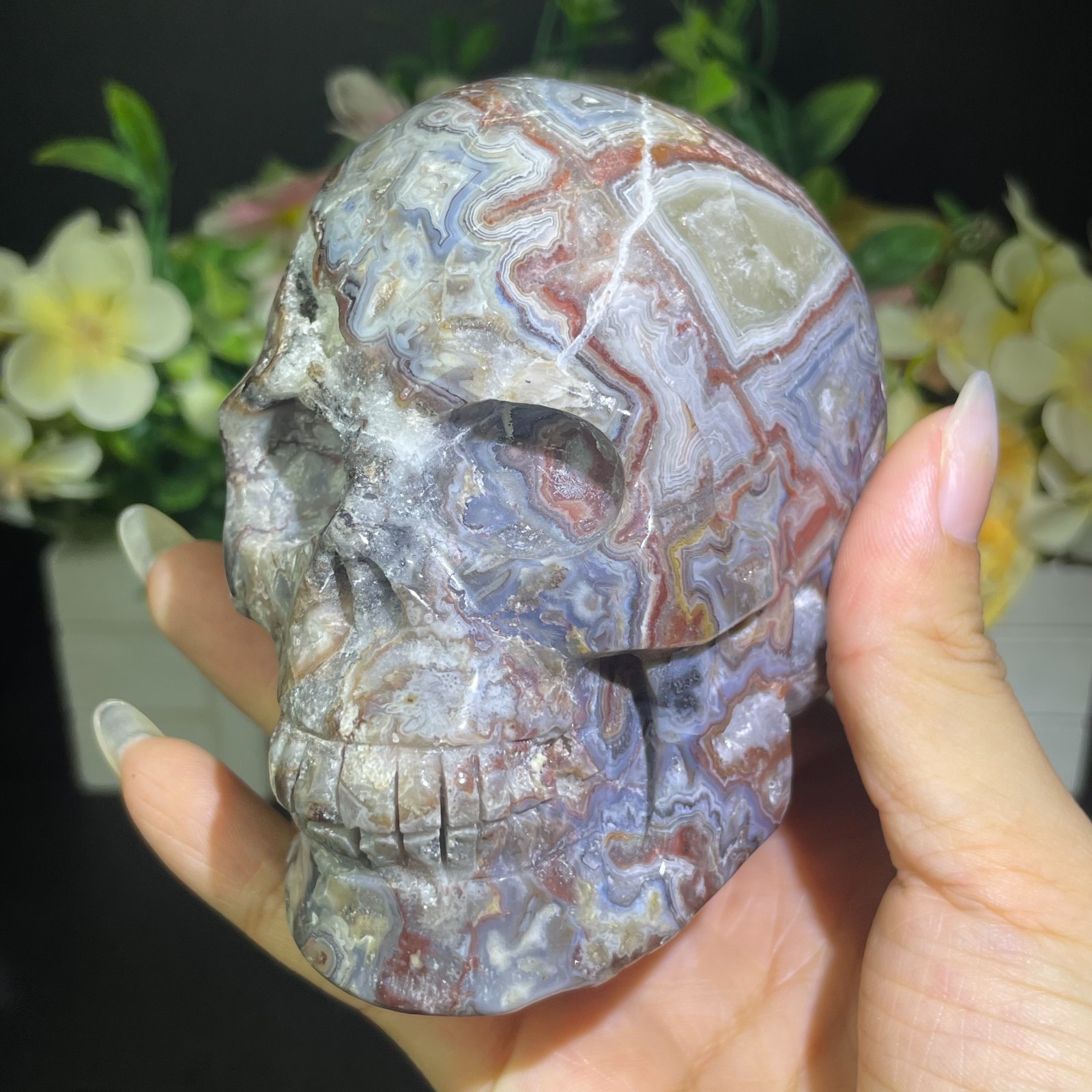 1.7LB 3.9″ Natural Mexican Agate Skull Carved Crystal Reiki Quartz Healing