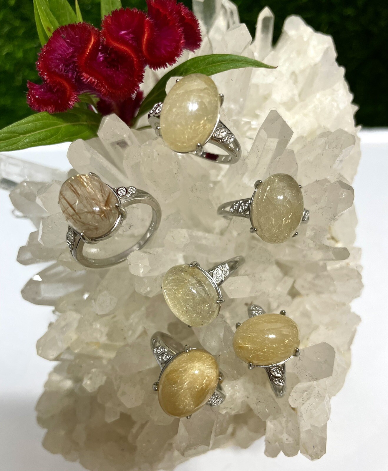 Wholesale Lot 6 Pcs Natural Gold Rutilated Quartz White Bronze Rings Crystal