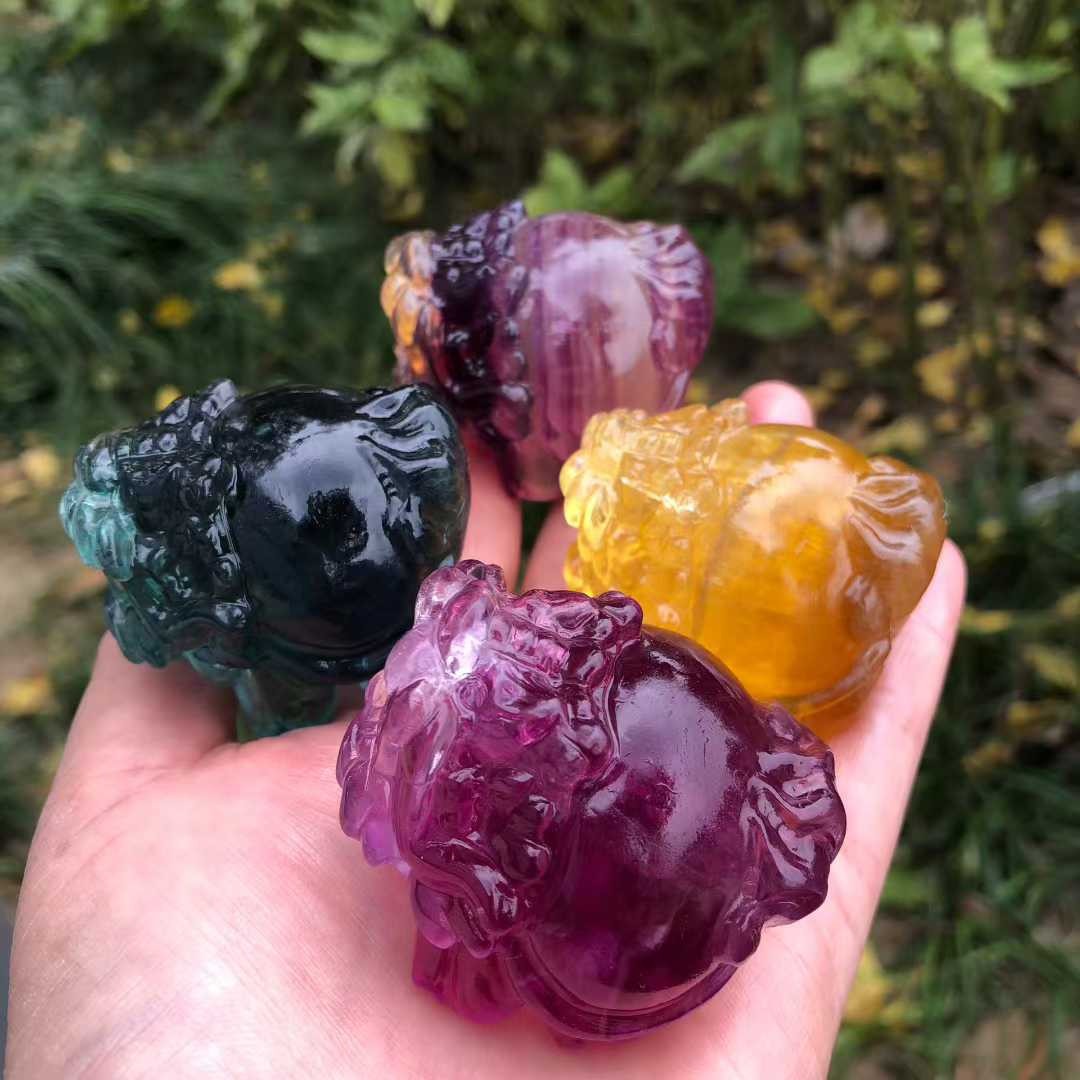 1pc Natural Color Fluorite Quartz Carved Dragon Turtle Skull Crystal Reiki Decor