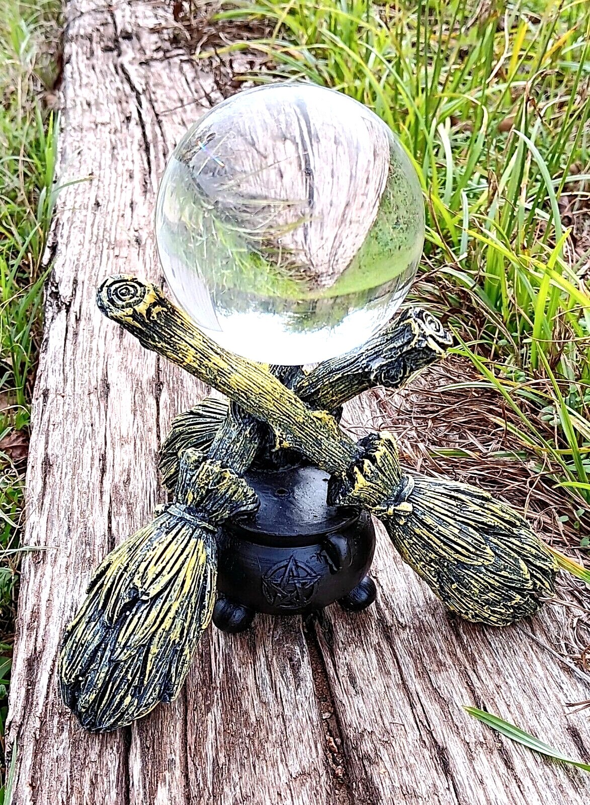 K9 Clear Crystal Ball with Witch Broomstick & Cauldron Stand 4 sizes