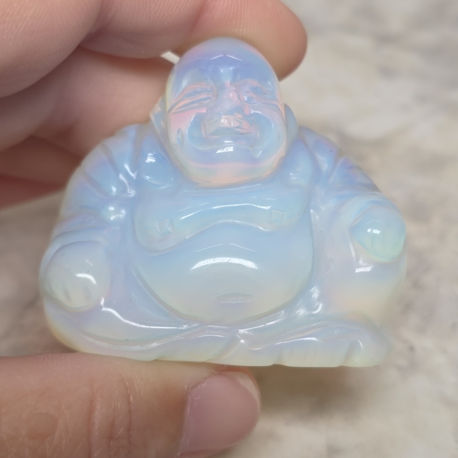 Natural Opalite laughing Buddha Hand Carved Quartz Crystal Healing Home Decor