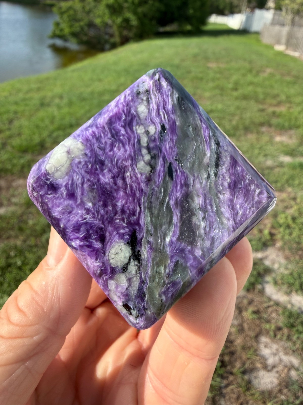 Large Charoite Polished Gemstone Cube 2″ square 316 Grams Colored by Nature