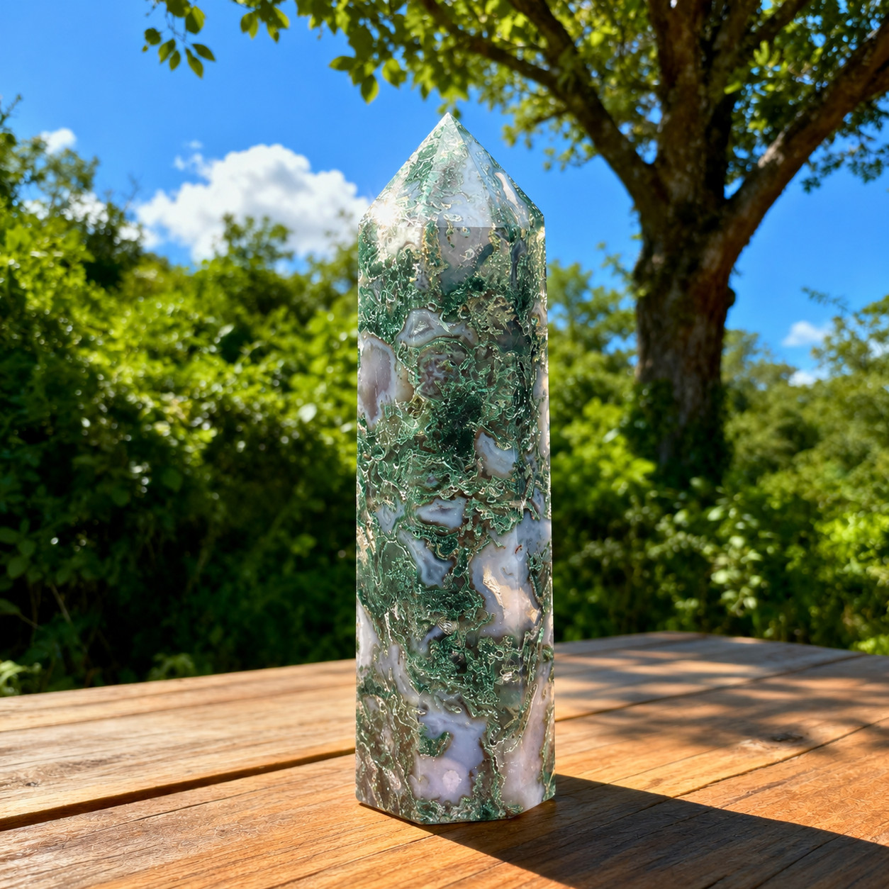 Moss Agate Crystal Tower Point Obelisk Wealth Abundance Manifestation Witch Gift