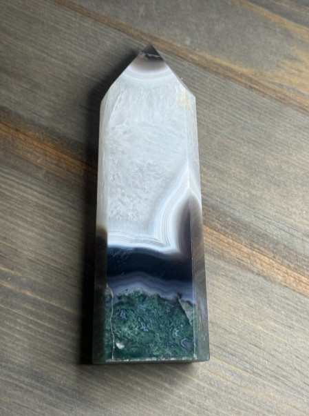 Large Natural Moss Agate in Quartz Crystal Tower White Plume Green Moss 6”