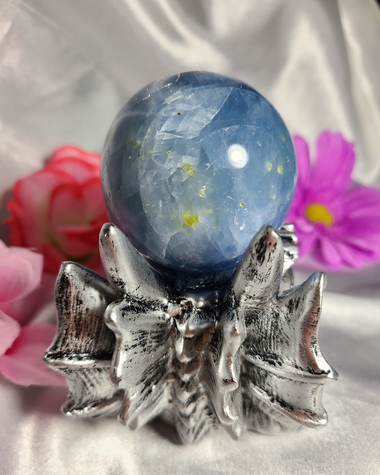 5″ Detailed Silver Dragon Head Skull Sphere Stand Crystal Ball Orb Holder Statue