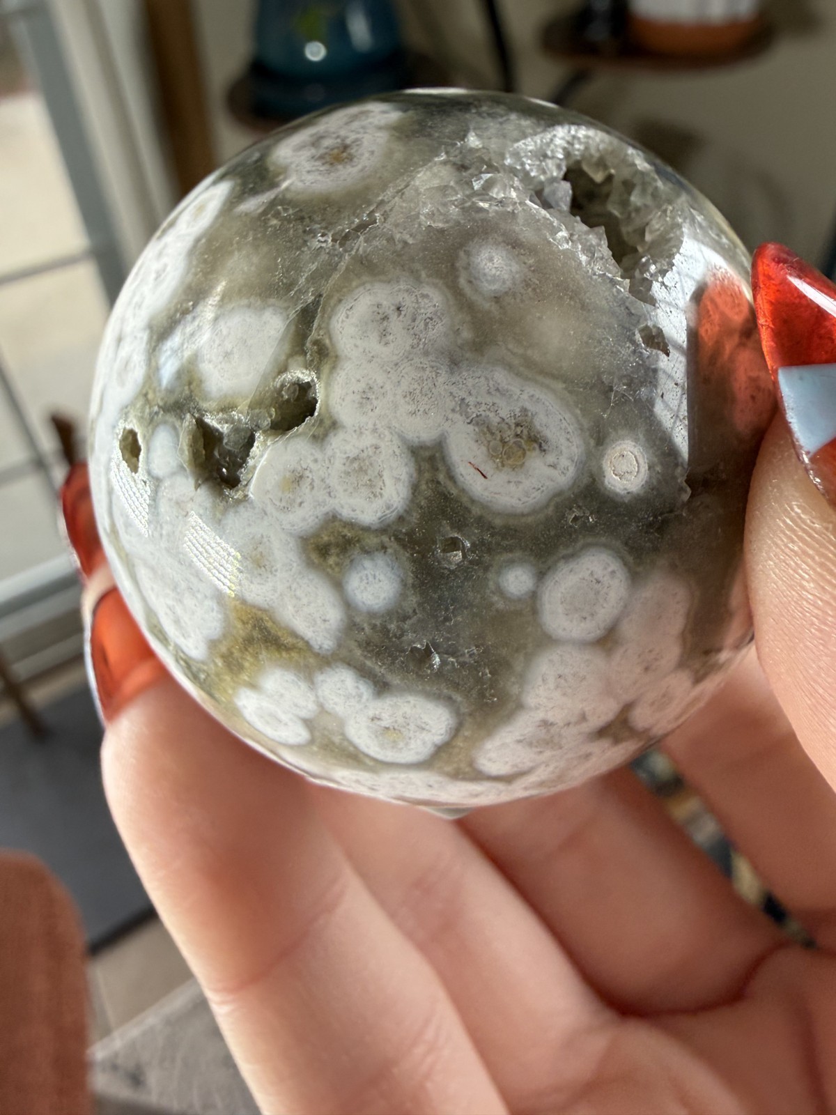 8th Vein Ocean Jasper Sphere – Druzy Caves – Green & White Orbs – 4.34 oz