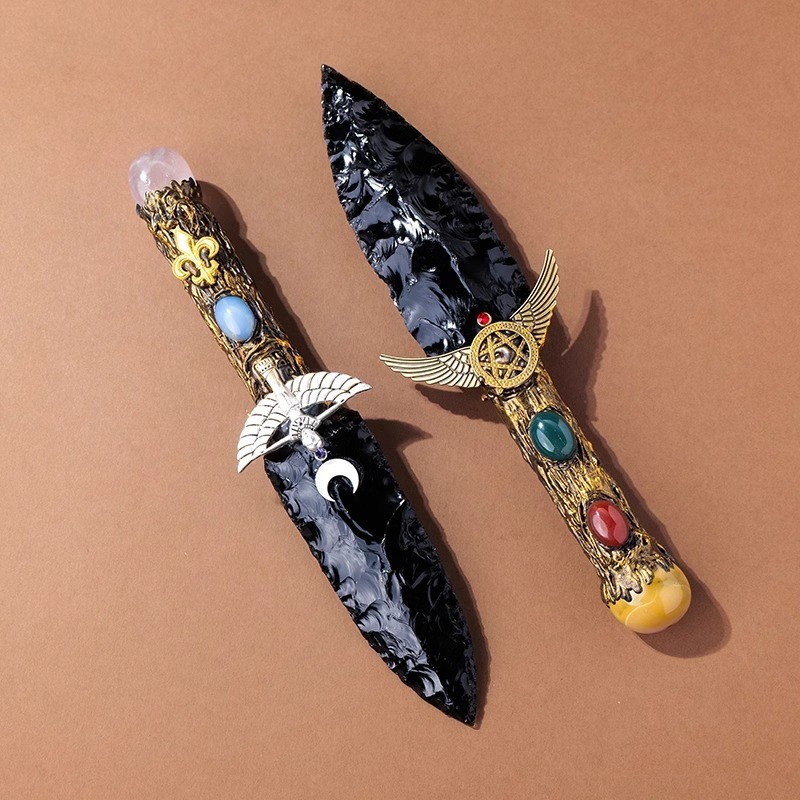 Natural obsidian rough stone knife, obsidian dagger, crystal ore handmade stone