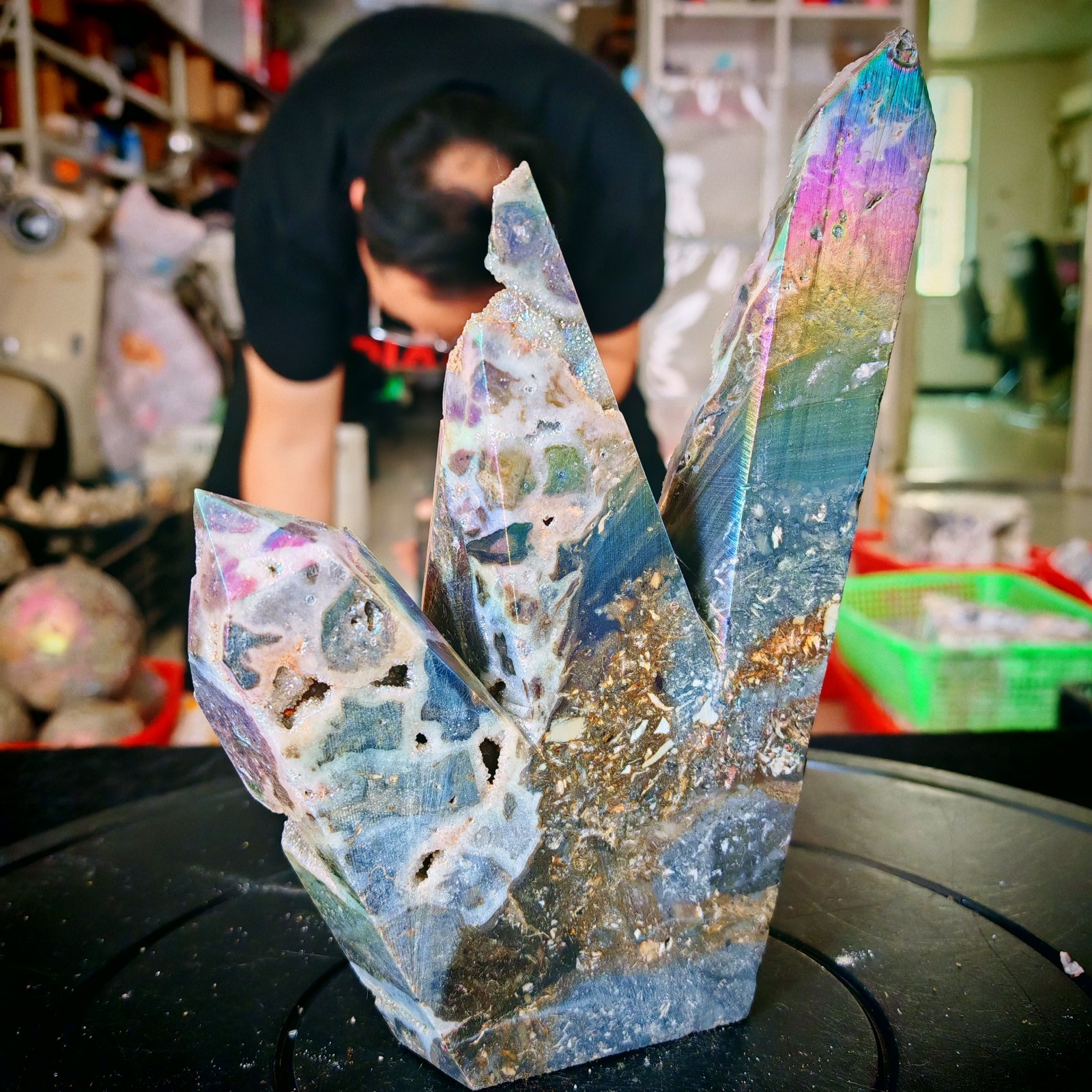 3.3LB natural electroplated sphalerite multi pointed column polishing 1.5kg