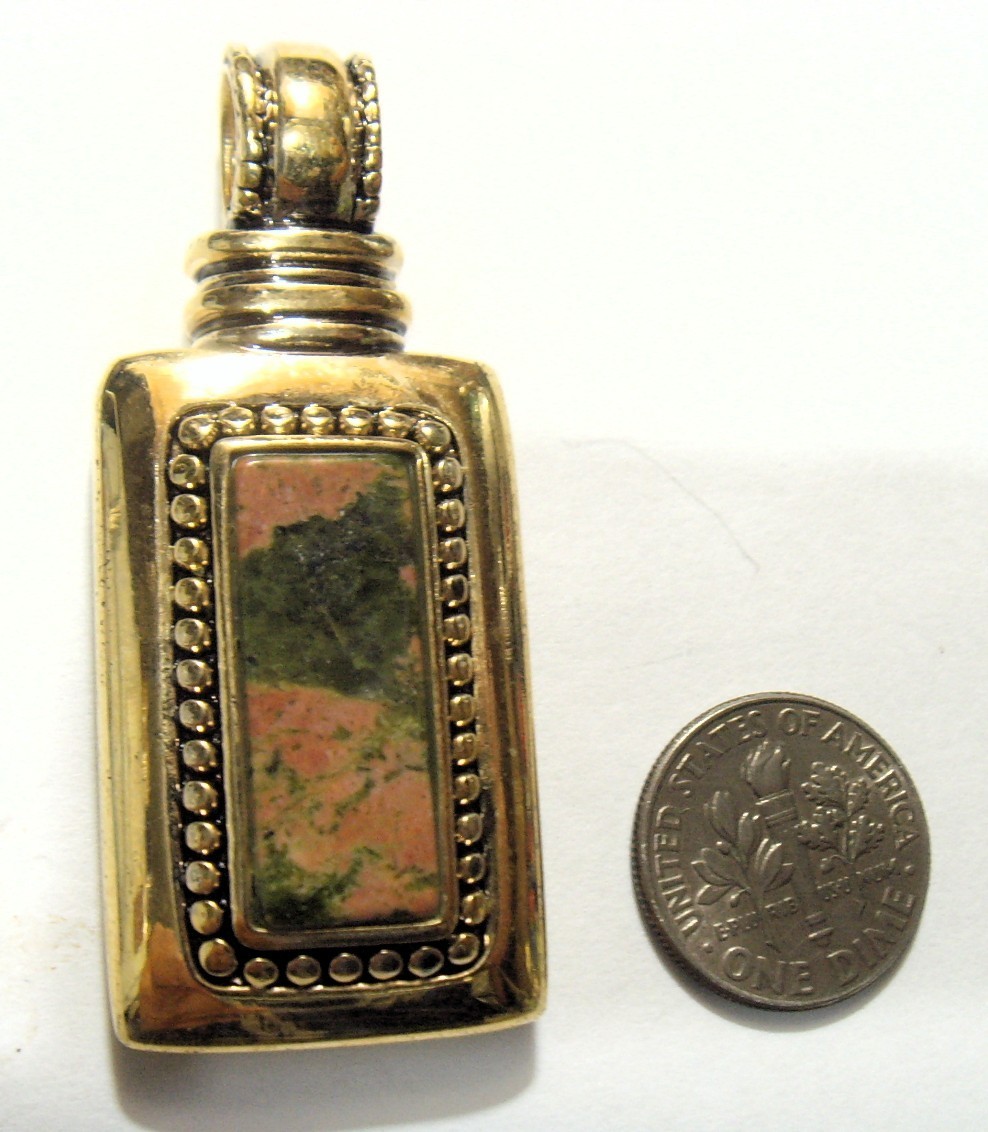 vintage gold tone metal signed Roman Gem Unakite reiki large pendant 54748