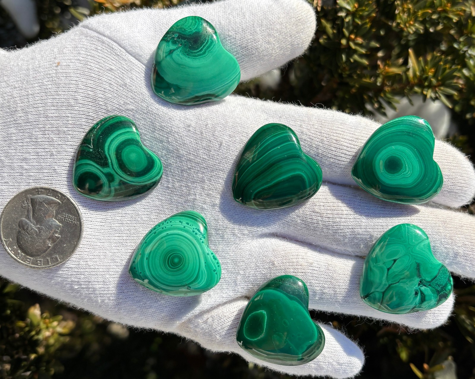 USA SALE 67g LOT 7 MALACHITE POLISHED SMALL HEARTS HEART POCKET PALMSTONE PALM