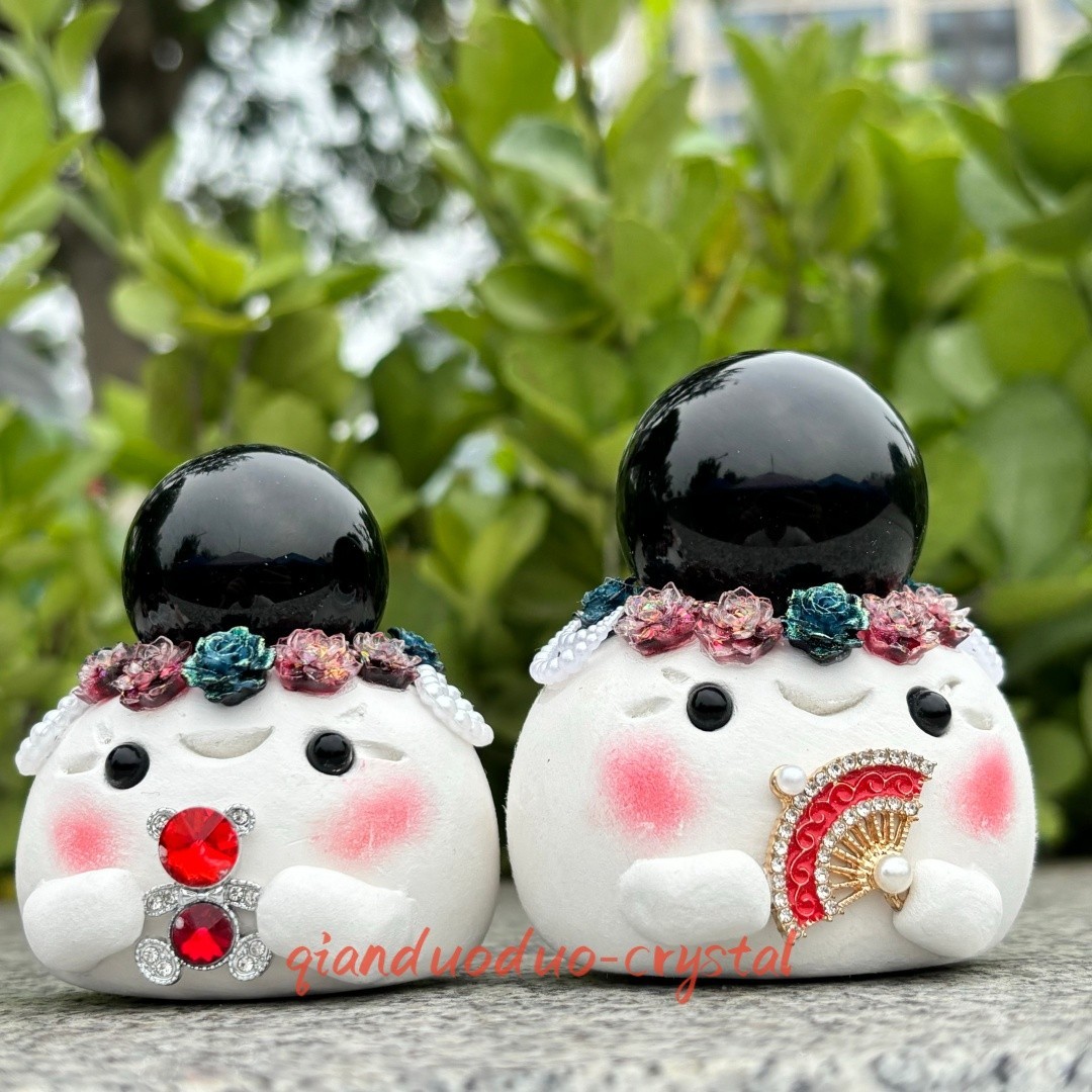 Handmade Clay Ghost with Obsidian Crystal Ball Cute Polymer Clay Figurine 1PC