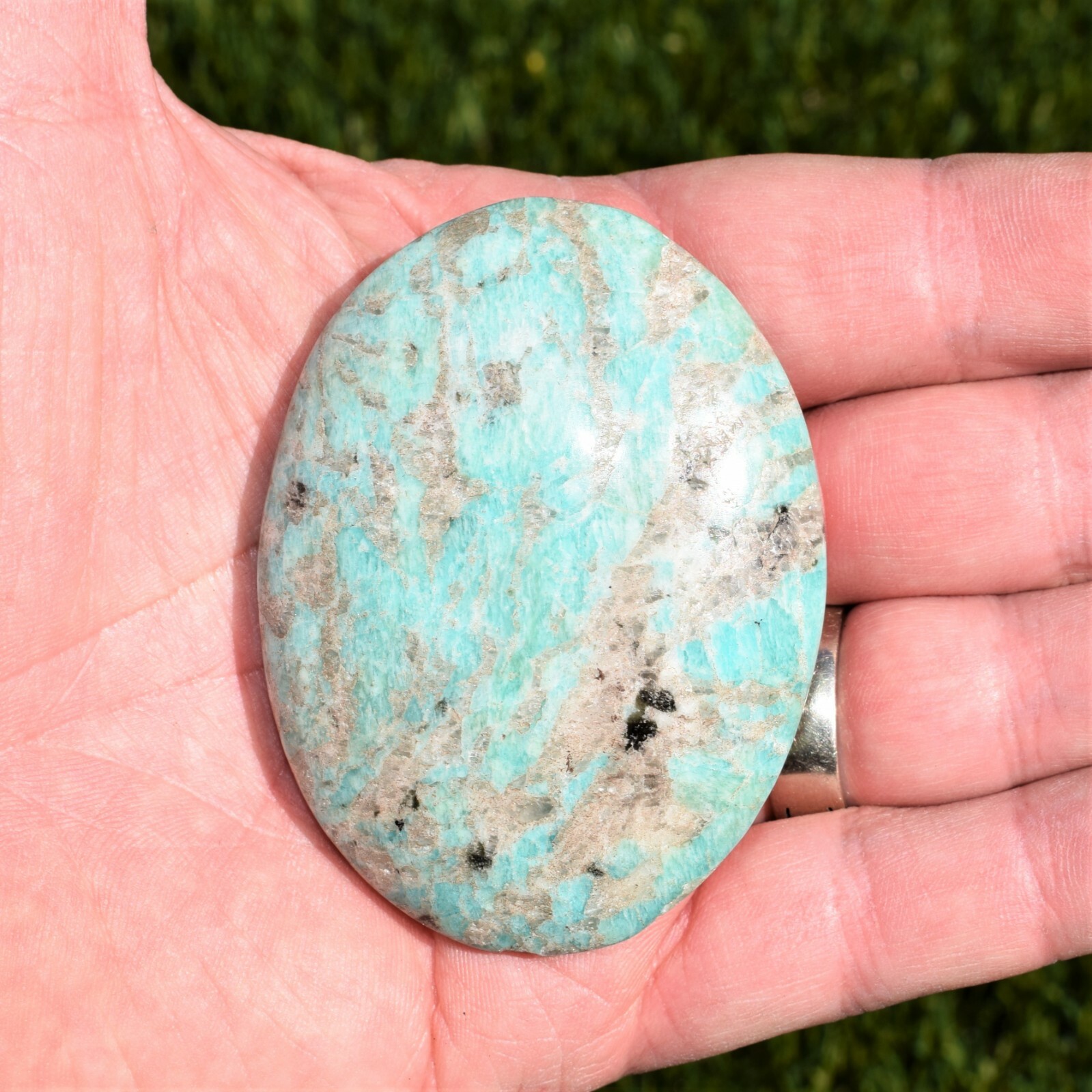[1] Charged 3″ Himalayan Amazonite Crystal Palm / Worry Stone ~6oz + Selenite