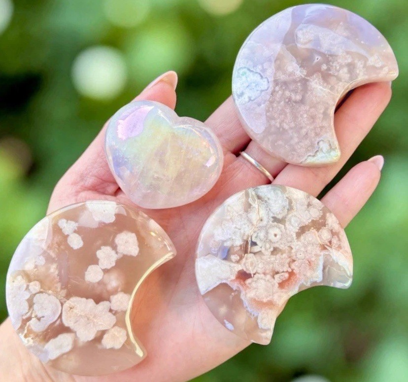 Pink Flower Agate Crescent Moon Set Aura Rose Quartz Heart Crystal Bundle 4pc