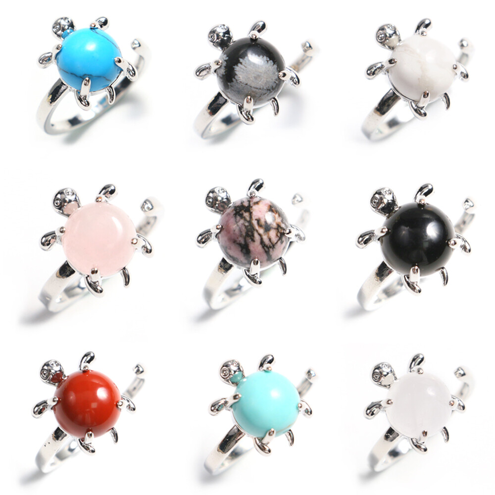 Mini Turtle Ring Natural Crystal Stone Chakra Quartz Round Bead Healing Reiki