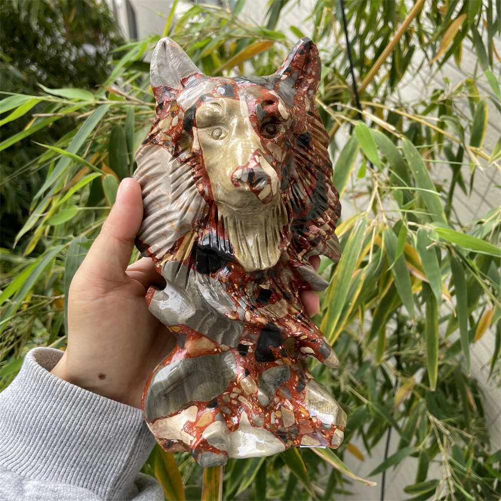 4LB 7.6″ Natural Unknown Wolf King Crystal Quartz Carving Courage Reiki Decor