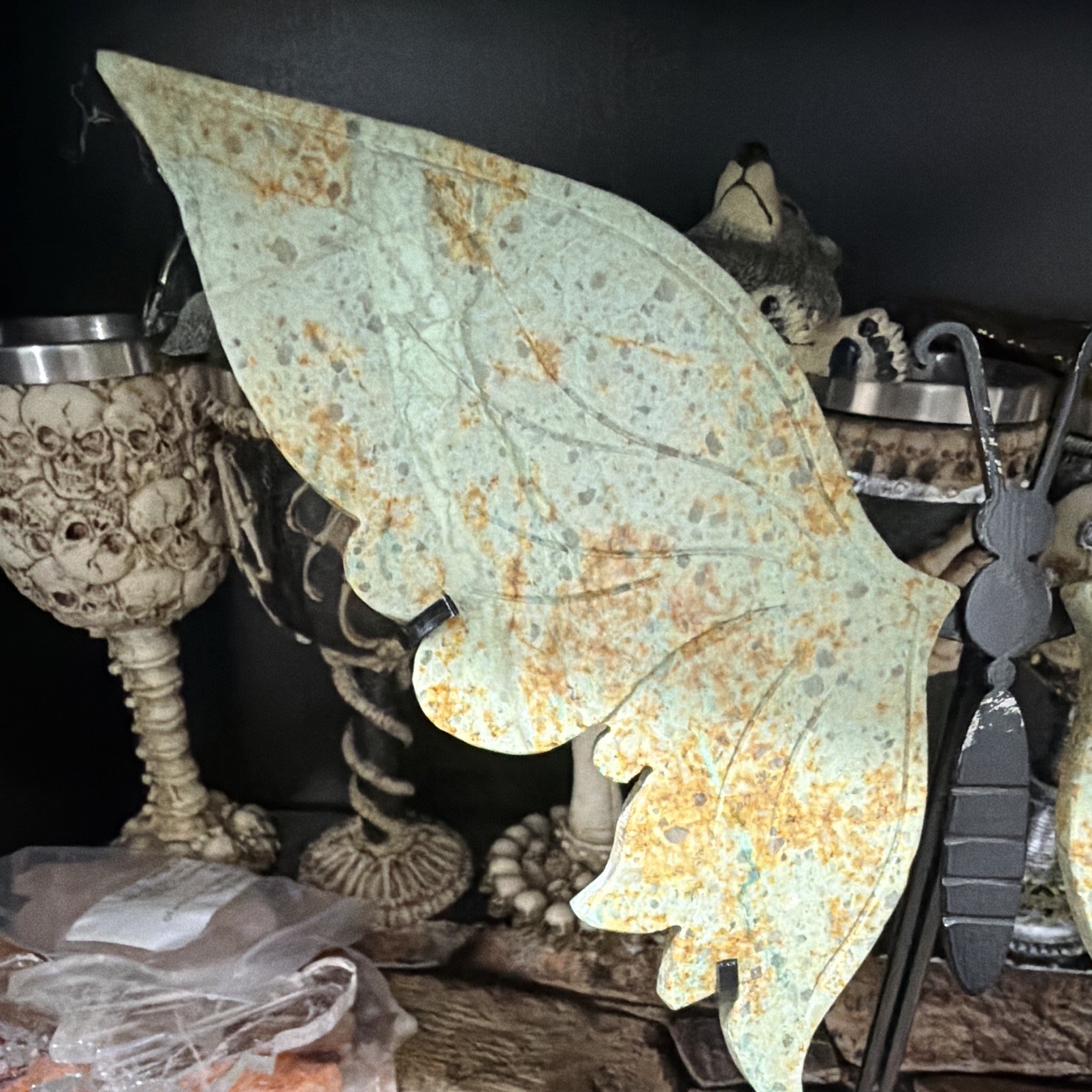 Butterfly Wing Sculpture Figurine on Stand, Green Black, Free Standing