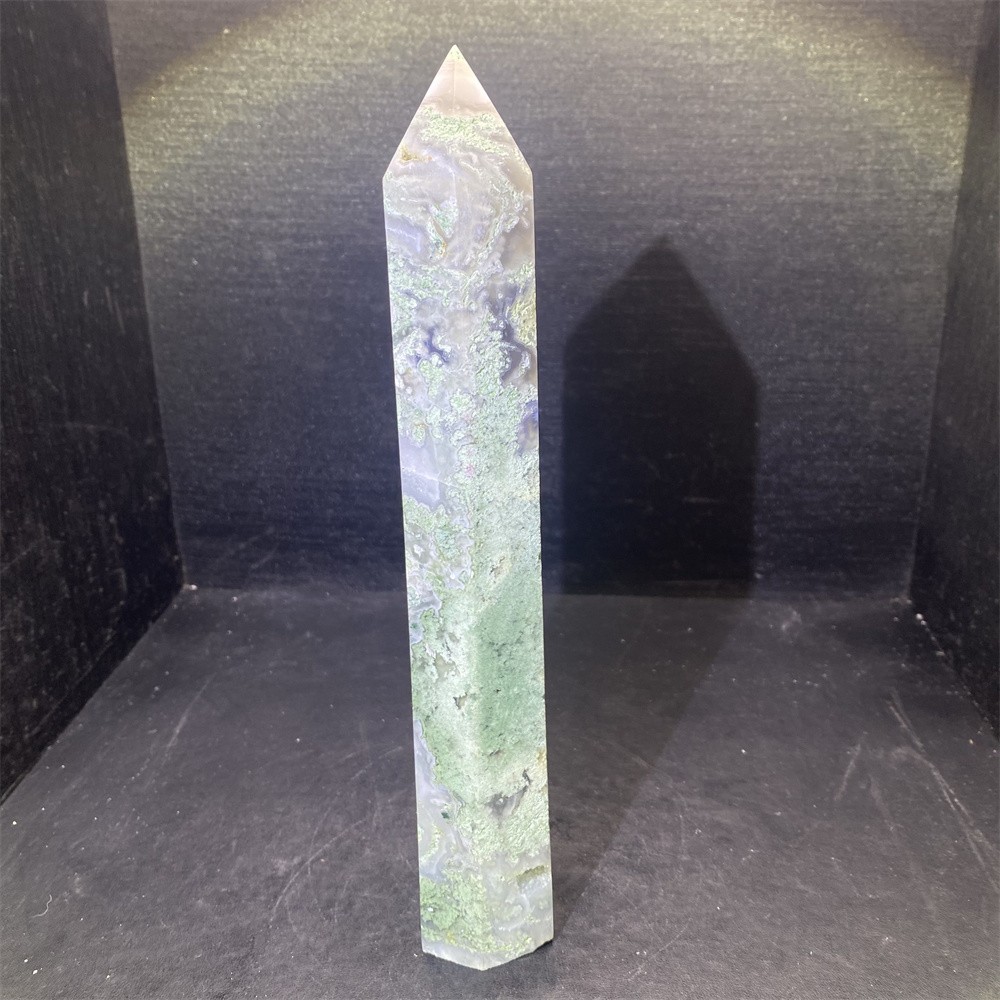 1.8LB 9.9″Natural A+Geode Moss Agate Obelisk Crystal Tower Quartz Reiki Decor
