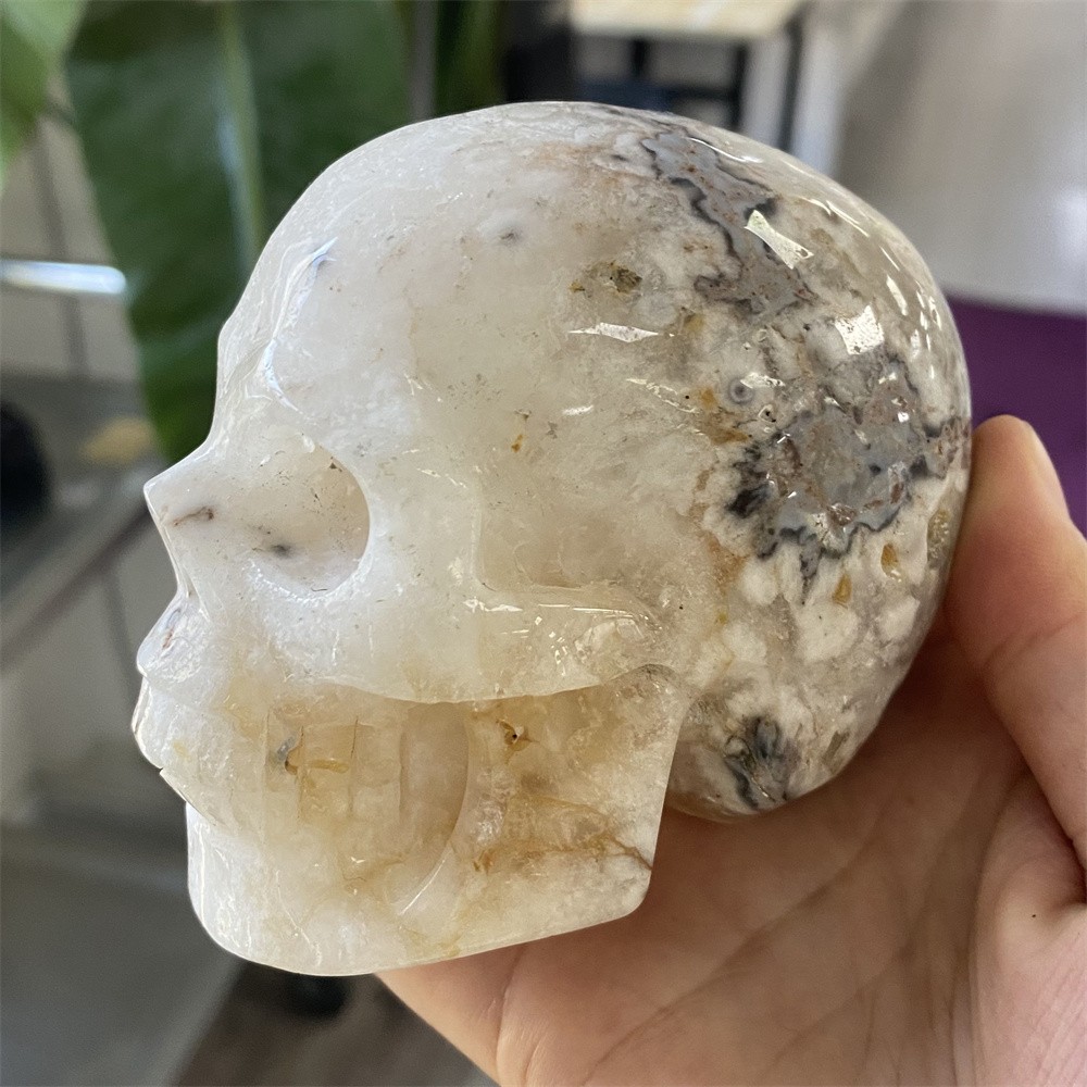 1.1LB 3.5″Natural Flower Agate Skull Statue Crystal Reiki Carving Figurine Decor