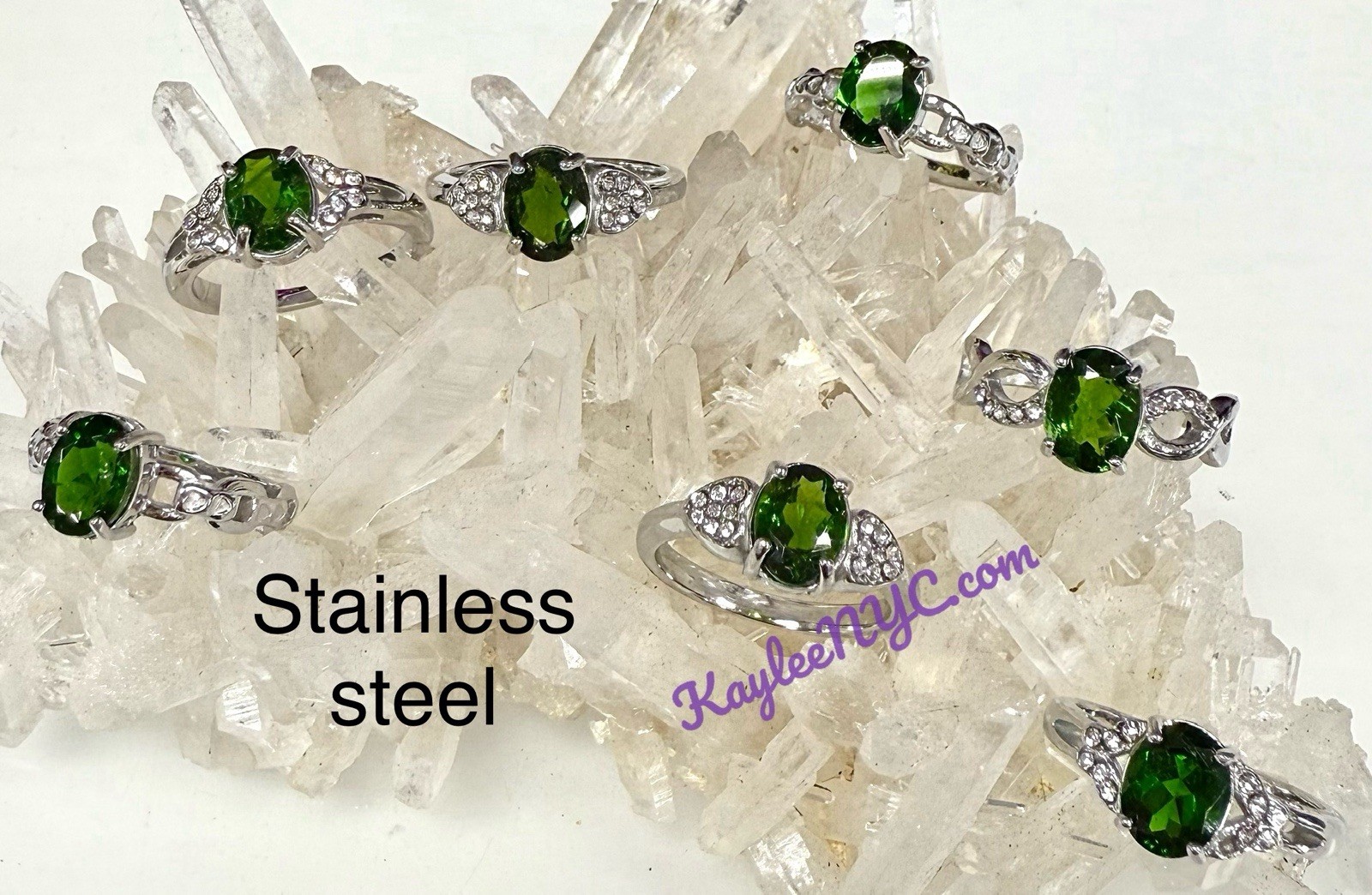 Wholesale Lot 7 Pcs Natural Diopside Stainless Steel Rings Crystal Healing