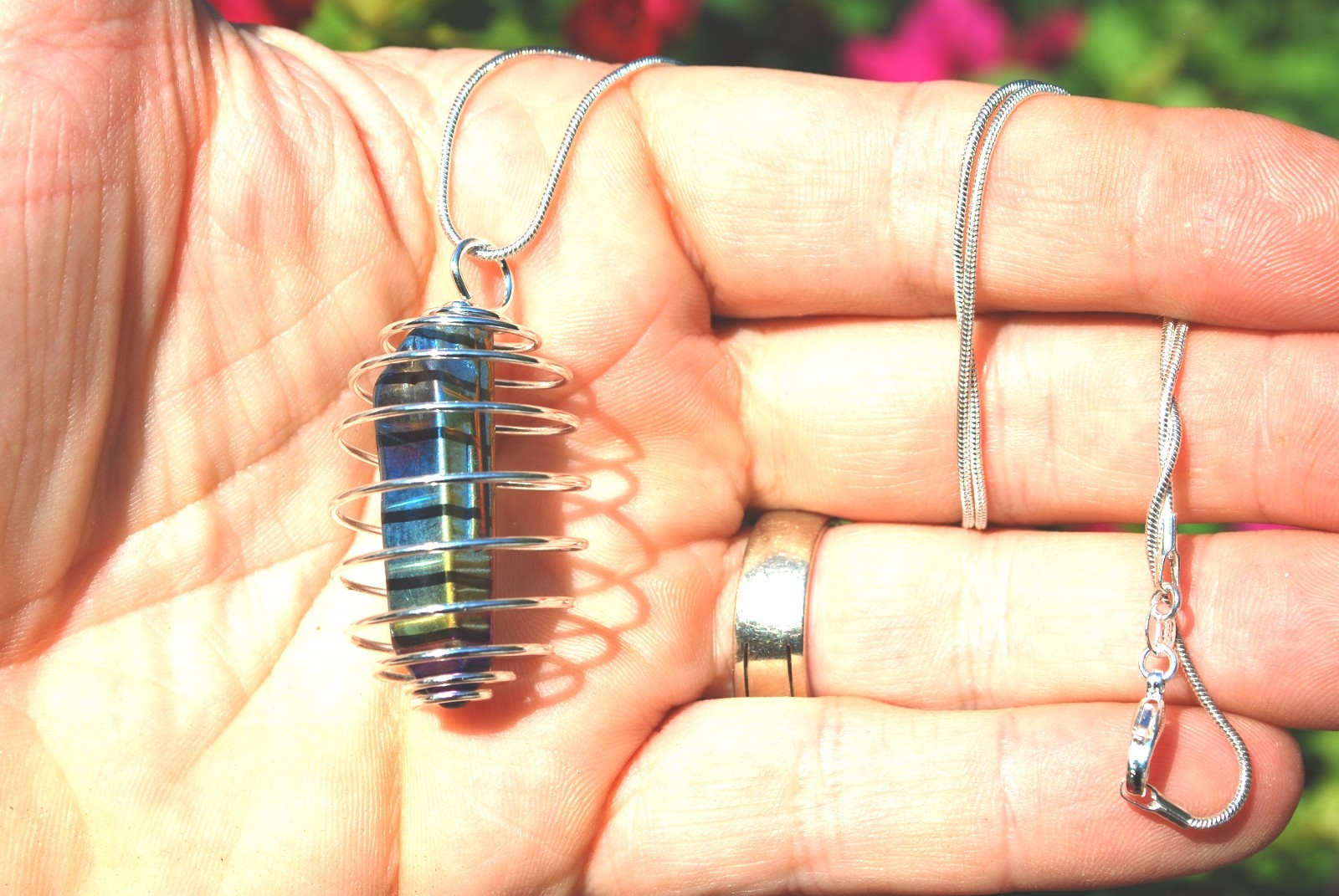 Platinum & Silver Rainbow Aura Quartz Pendant 20″ Stainless Steel Chain